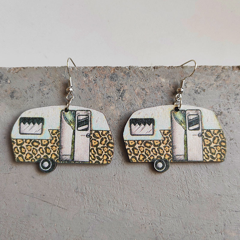 Wholesale American Independence Day Leopard Print Small Flower RV Camping Wooden Earrings